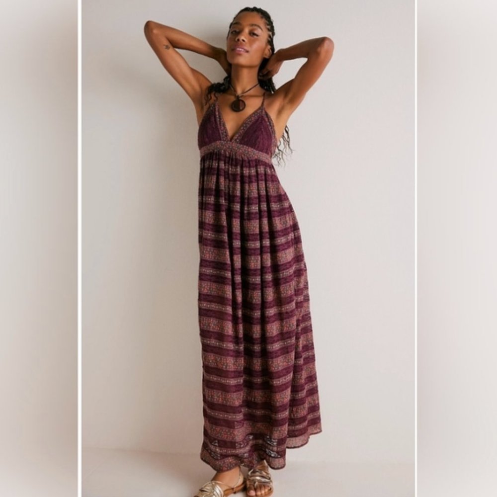 NWT Free People Lotus Floral Lace Cotton Maxi Dress in Fig Plum Combo
